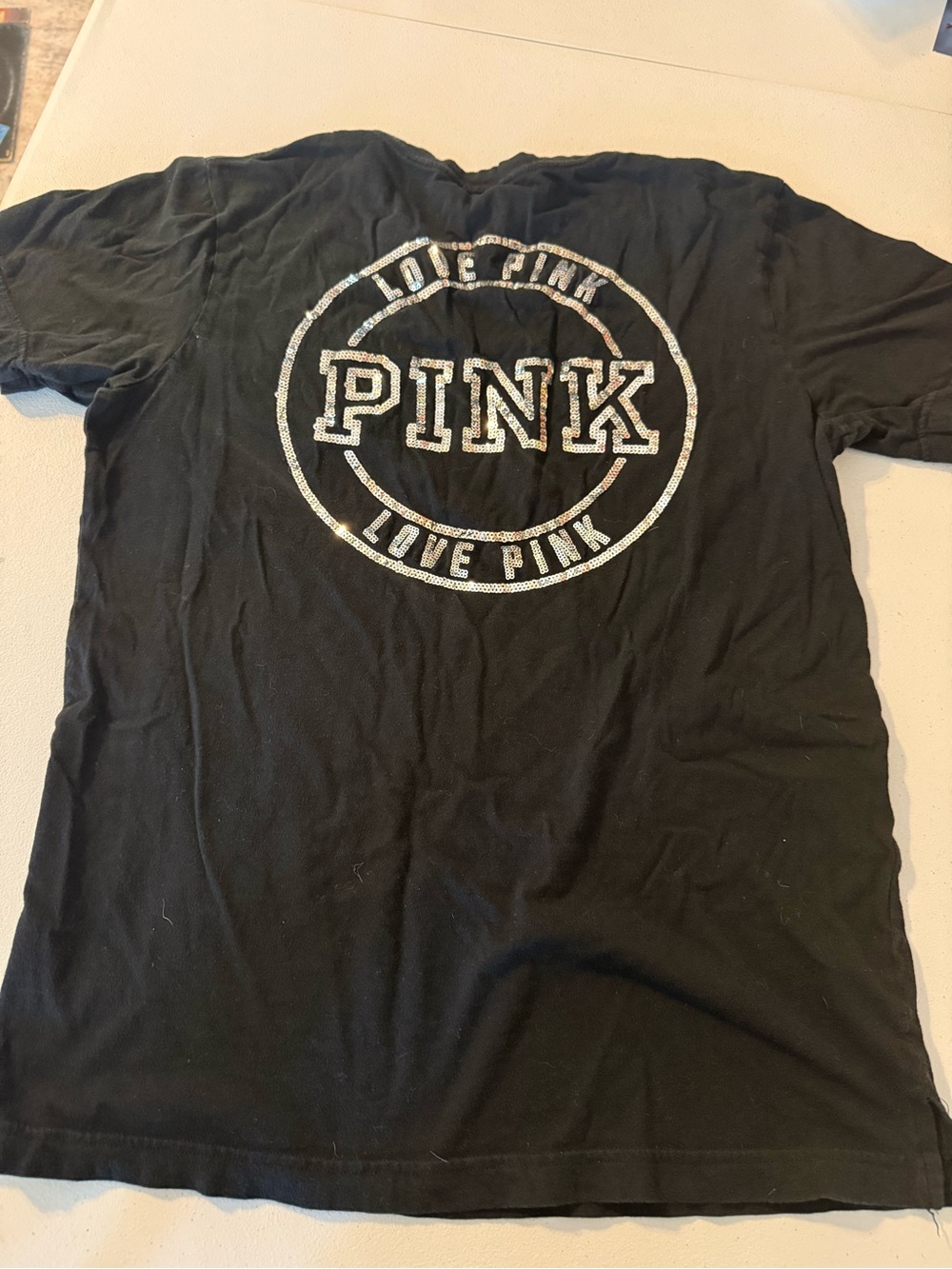 Victoria's Secret PINK Bling Sequin Campus Tee Black Short Sleeve T-shirt Small